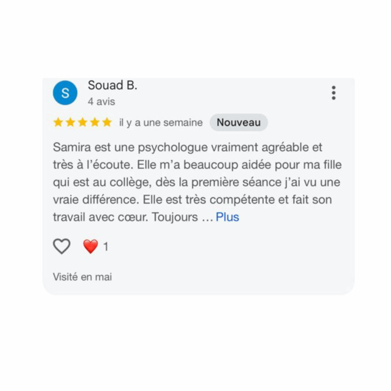 Avis Google d'une patiente du Cabinet Hoda