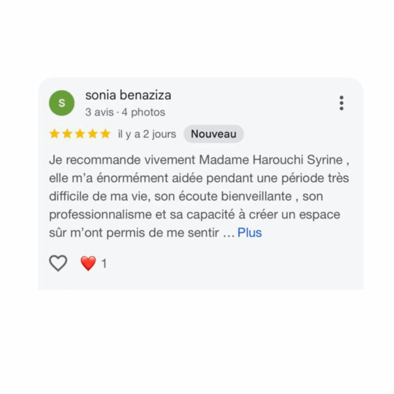 Avis Google d'une patiente du Cabinet Hoda