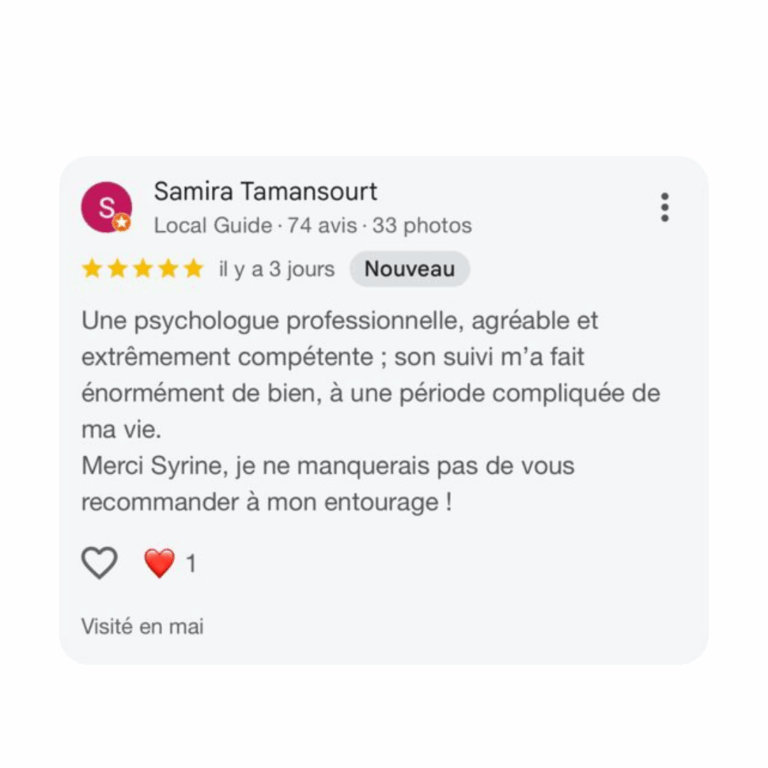 Avis Google d'une patiente du Cabinet Hoda