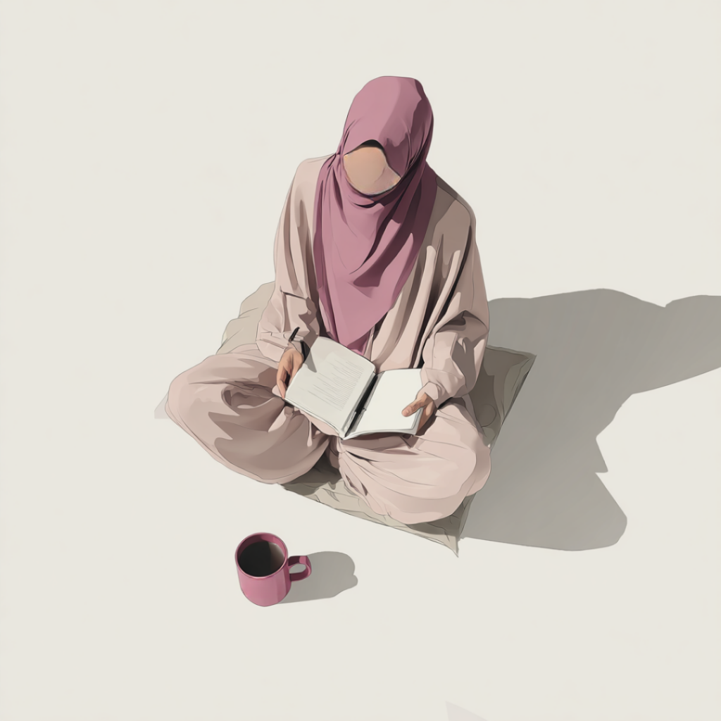 Femme voilée assise en tailleur, un livre ouvert sur les genoux